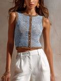 Chic Elegant Blue Round-Neck Sleeveless Single-Breasted Contrast Trim Loose-Fit Cropped Vest Top