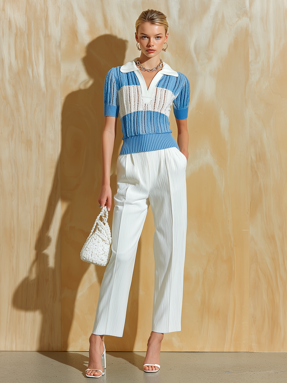 Chic Elegant Blue Colorblock Lapel Collar V-Neck Short-Sleeve Slim-Fit Knit Sweater Top Seersucker Straight-Leg Pants Two-Piece Set