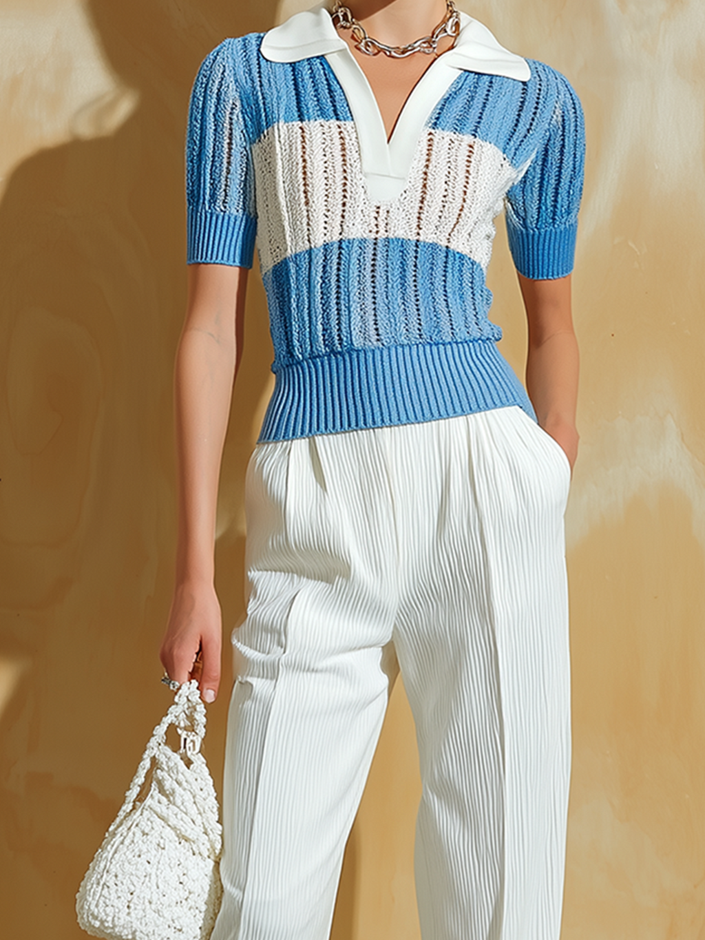 Chic Elegant Blue Colorblock Lapel Collar V-Neck Short-Sleeve Slim-Fit Knit Sweater Top Seersucker Straight-Leg Pants Two-Piece Set