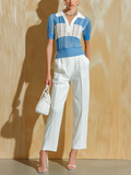 Chic Elegant Blue Colorblock Lapel Collar V-Neck Short-Sleeve Slim-Fit Knit Sweater Top Seersucker Straight-Leg Pants Two-Piece Set