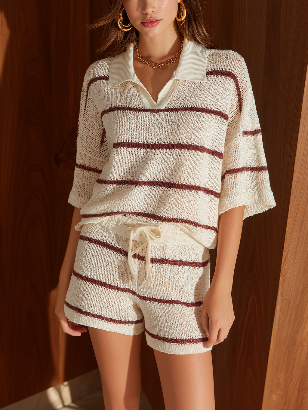 Chic Elegant White-Red Striped Lapel Collar Short-Sleeve Loose Sweater Top Drawstring Elastic Waist Shorts Knit Two-Piece Set