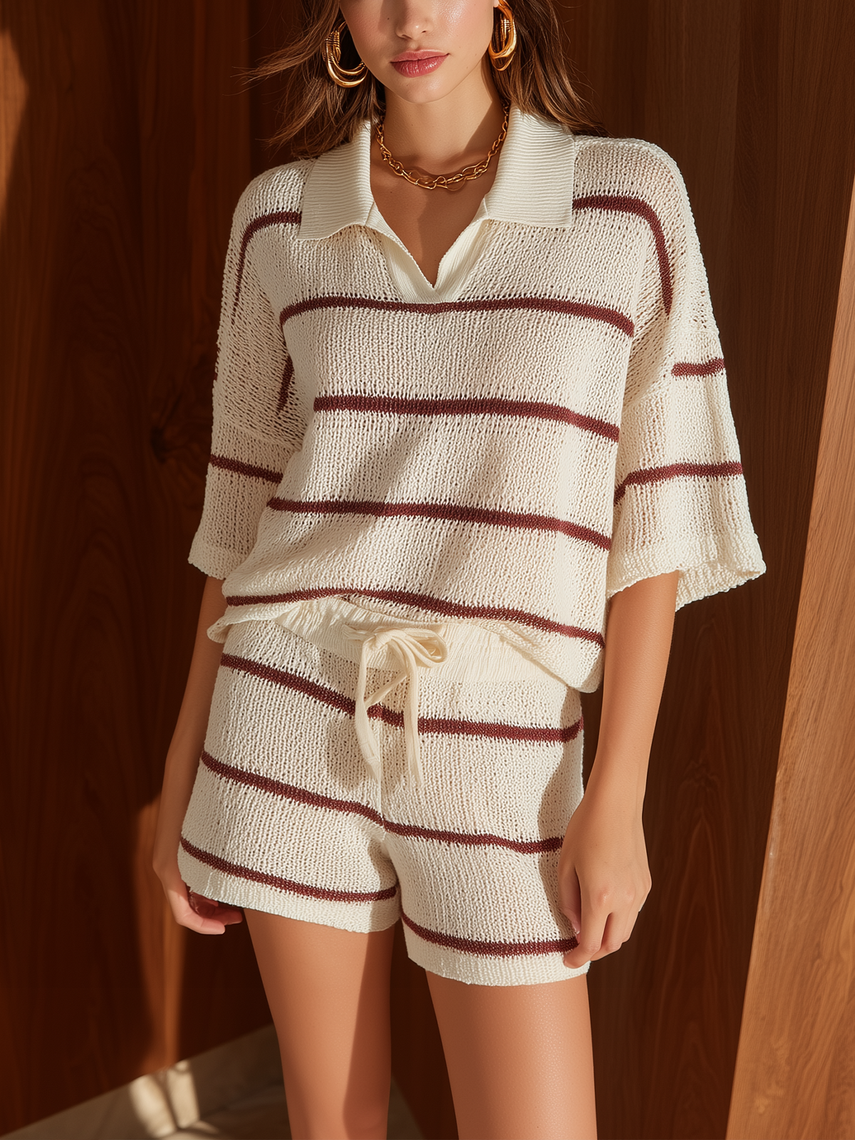 Chic Elegant White-Red Striped Lapel Collar Short-Sleeve Loose Sweater Top Drawstring Elastic Waist Shorts Knit Two-Piece Set