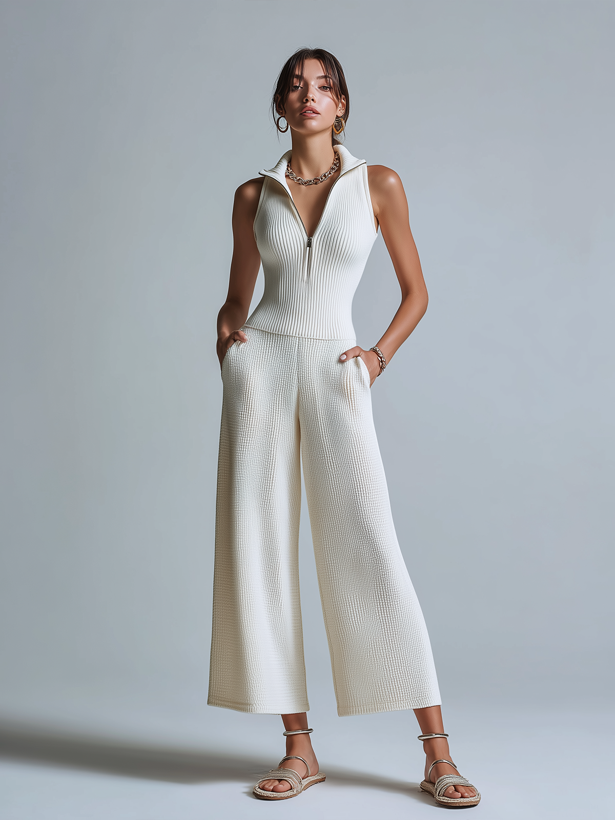 Chic Elegant White Zip-up Lapel Neck Sleeveless Slim-Fit Sweater Elastic Waist Wide-Leg Pants Knit Two-Piece Set