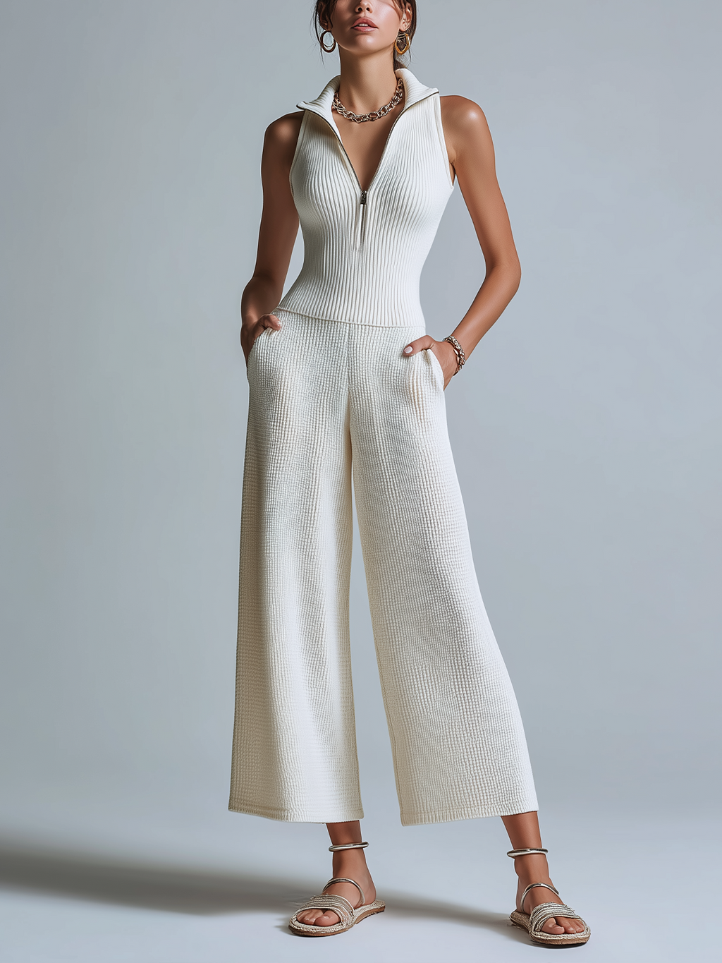 Chic Elegant White Zip-up Lapel Neck Sleeveless Slim-Fit Sweater Elastic Waist Wide-Leg Pants Knit Two-Piece Set