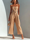 Chic Casual Camel Cotton-Linen Blend Strappy Sleeveless Zipper-Front Tie-Waist Wide-Leg Cropped Jumpsuit