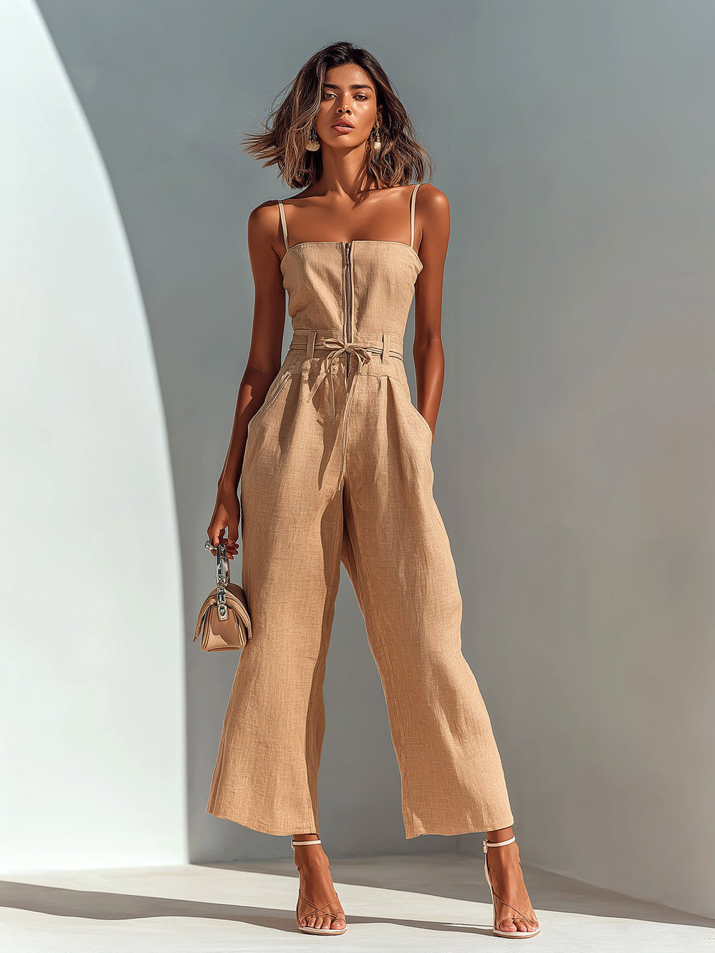 Chic Casual Camel Cotton-Linen Blend Strappy Sleeveless Zipper-Front Tie-Waist Wide-Leg Cropped Jumpsuit