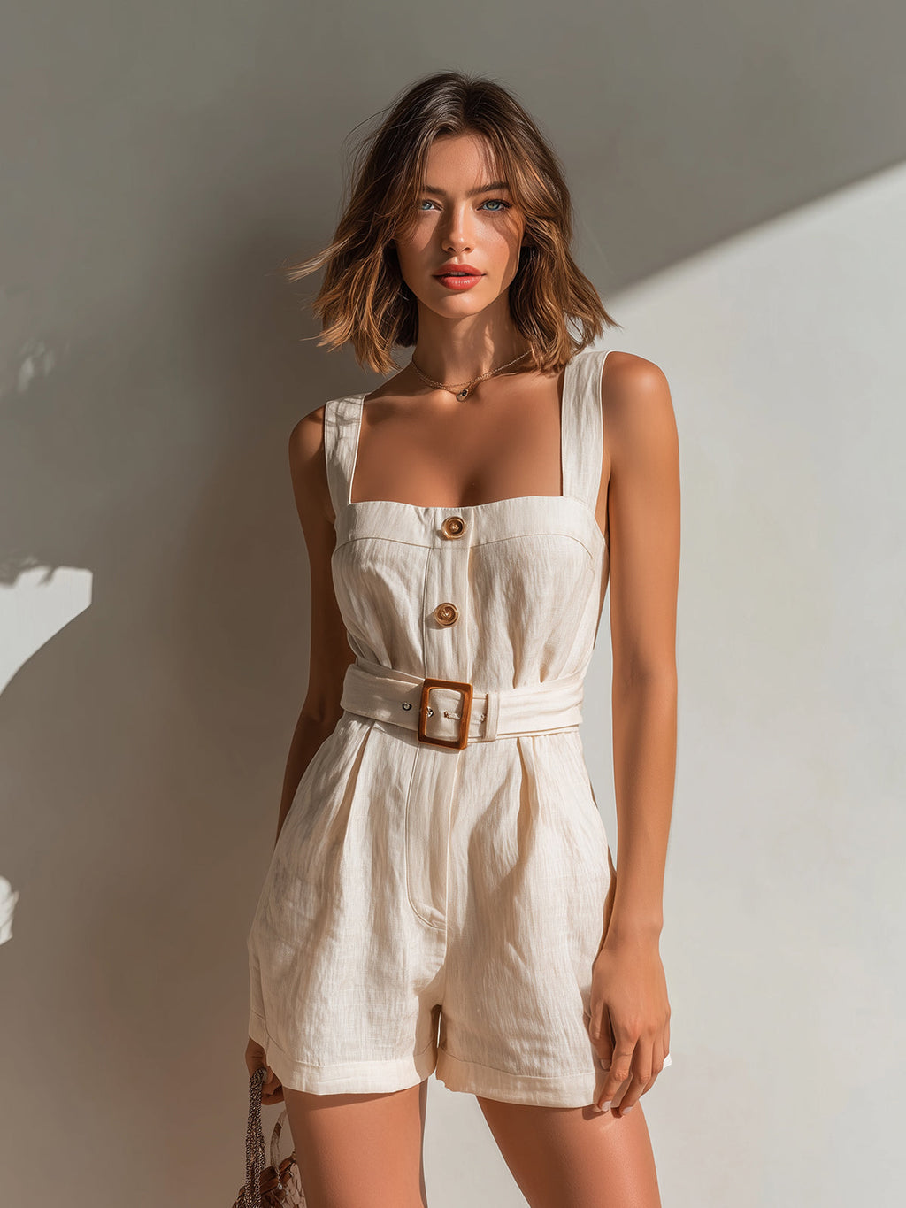 Chic Casual Beige Cotton-Linen Blend Strappy Sleeveless Button-Front Belt Detail Slim-Fit Romper