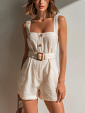 Chic Casual Beige Cotton-Linen Blend Strappy Sleeveless Button-Front Belt Detail Slim-Fit Romper