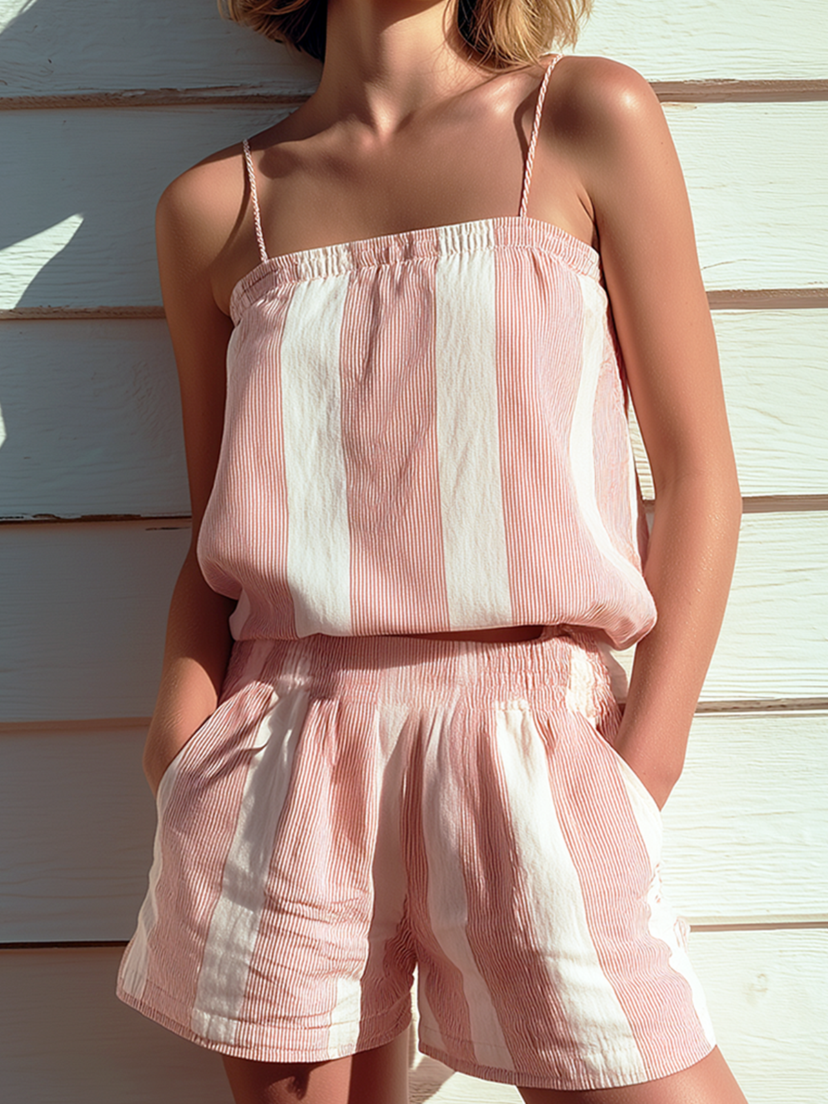 Chic Elegant Pink-White StripesStrappy Sleeveless Tank Top Loose-Fit Shorts Cotton Linen Two-Piece Set