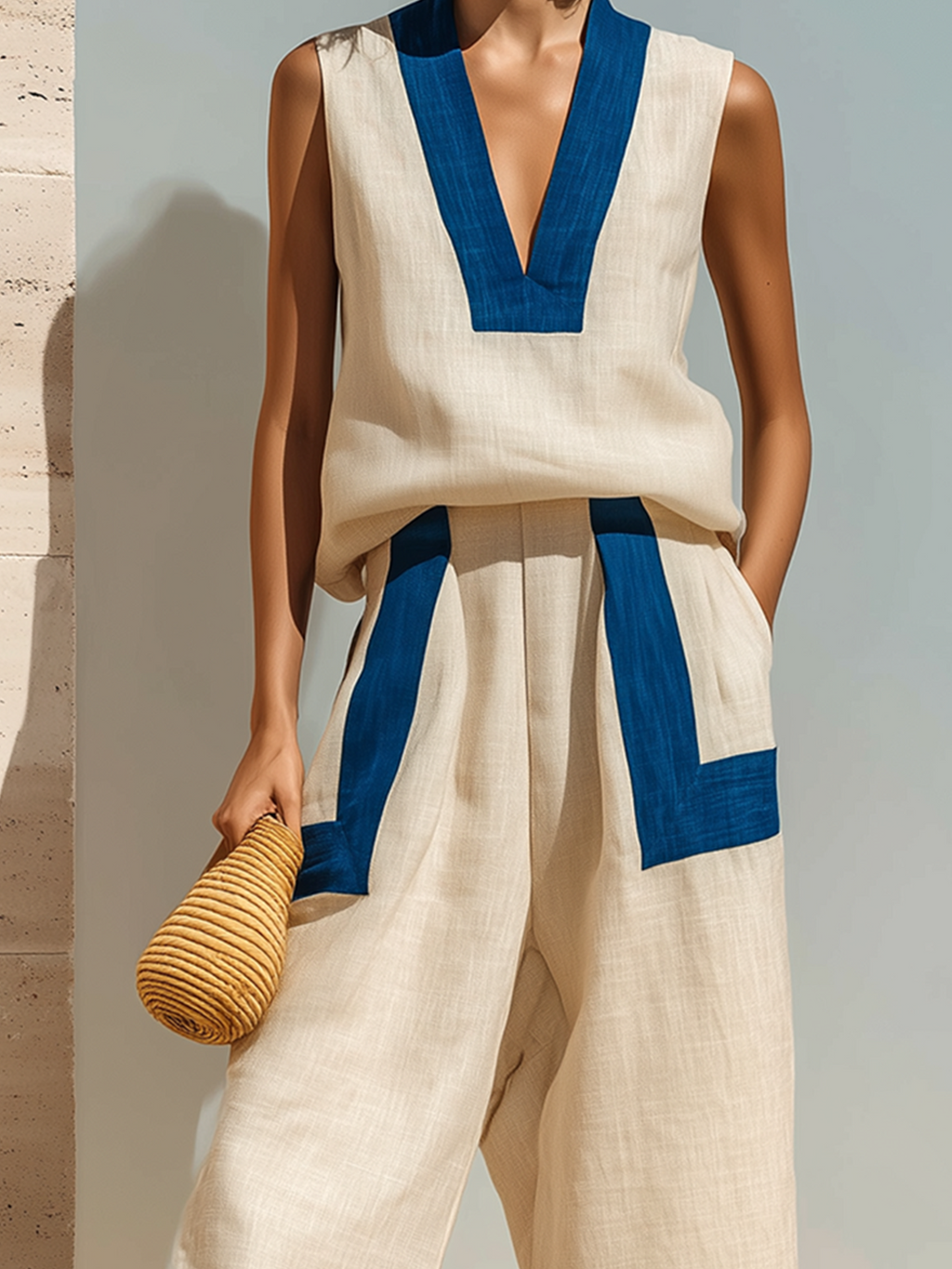 Chic Casual White-Blue Colorblock V-Neck Sleeveless Loose Vest Top Wide-Leg Cotton Linen Two-Piece Set
