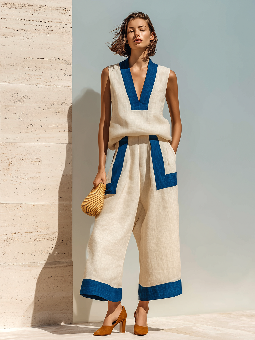 Chic Casual White-Blue Colorblock V-Neck Sleeveless Loose Vest Top Wide-Leg Cotton Linen Two-Piece Set