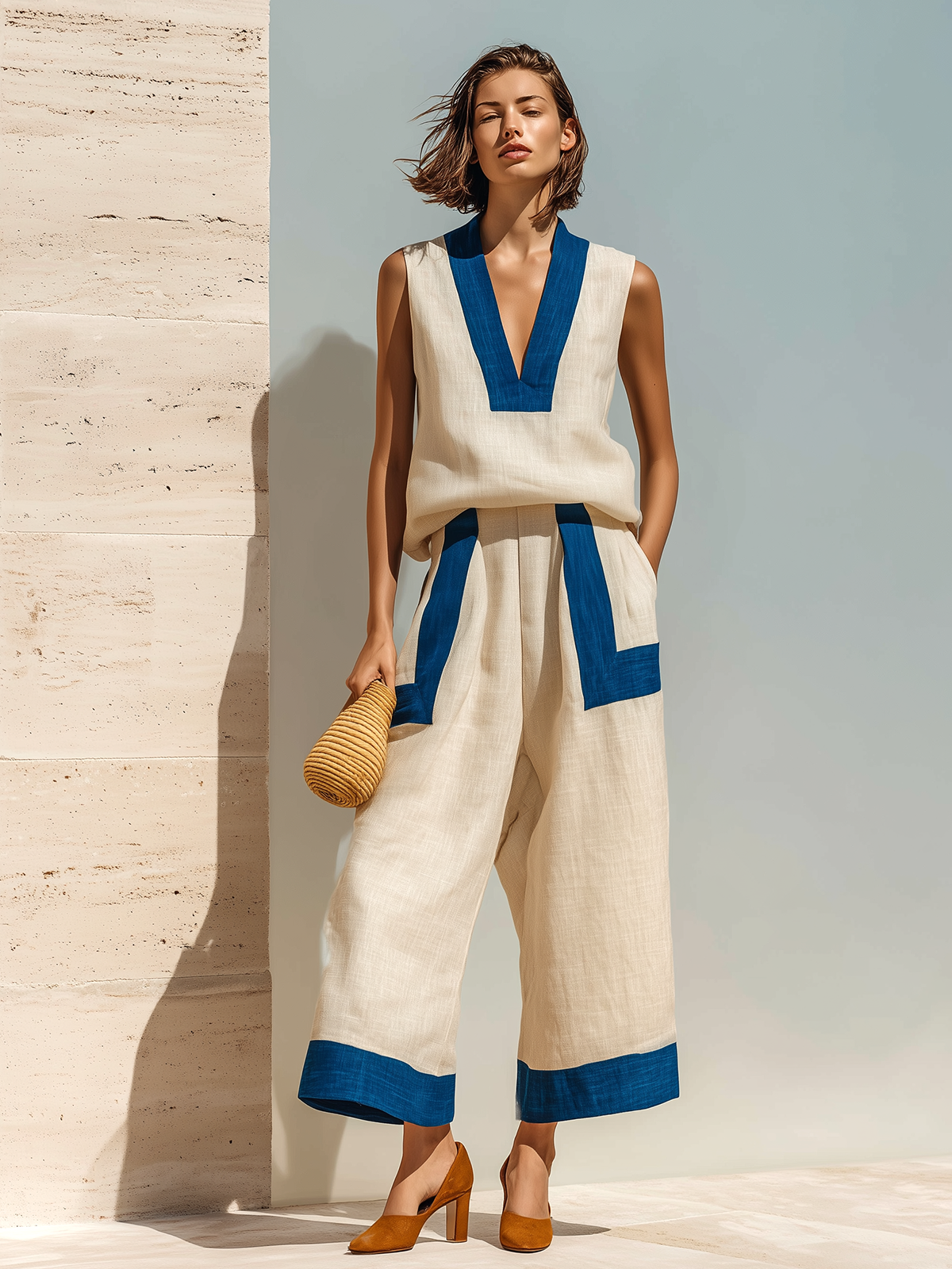 Chic Casual White-Blue Colorblock V-Neck Sleeveless Loose Vest Top Wide-Leg Cotton Linen Two-Piece Set