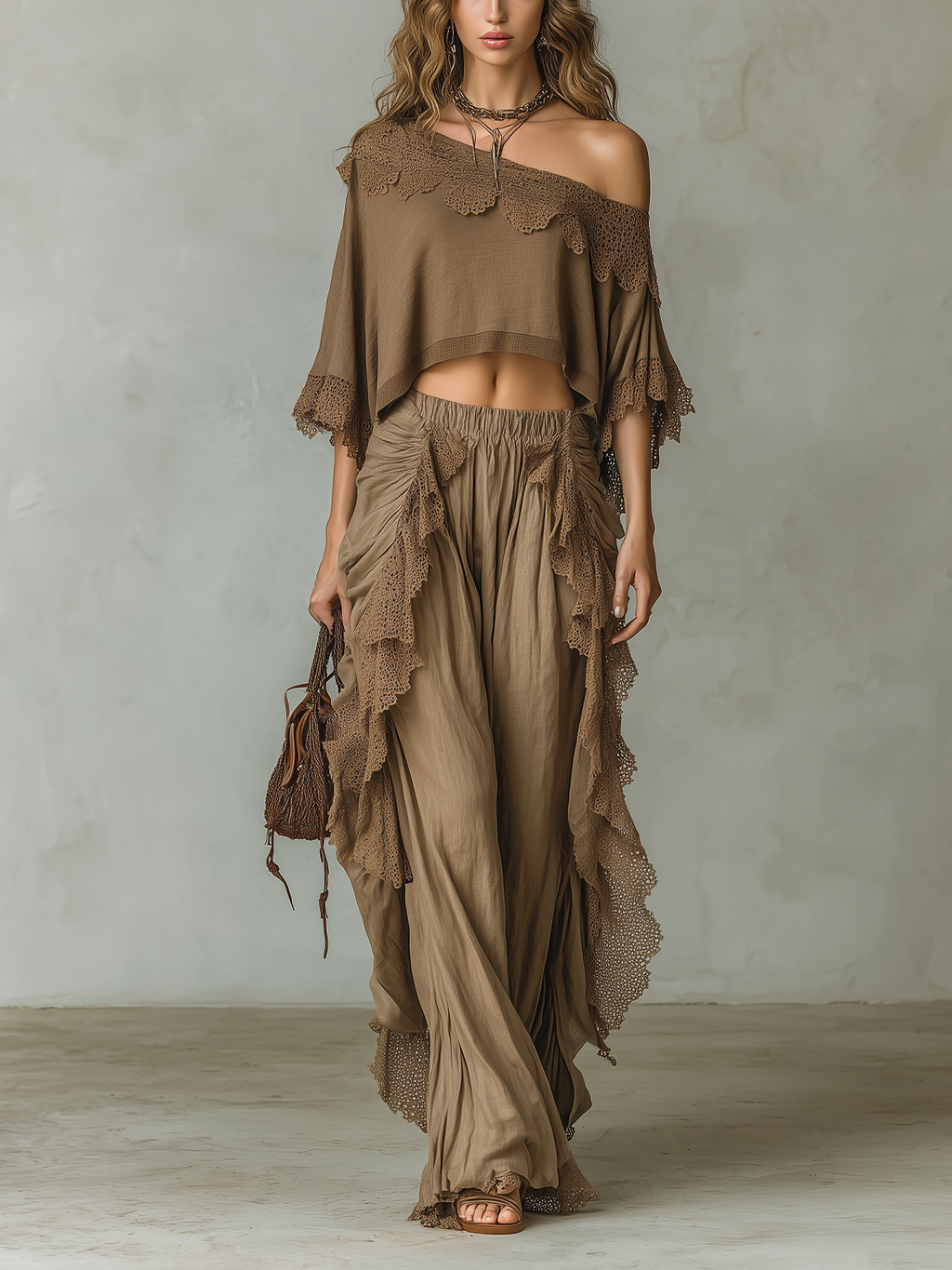 Chic Elegant Brown One-Shoulder Short-Sleeve Loose Top Pleated Wide-Leg Pants Cotton-Linen Blend Lace Detail Two-Piece Set