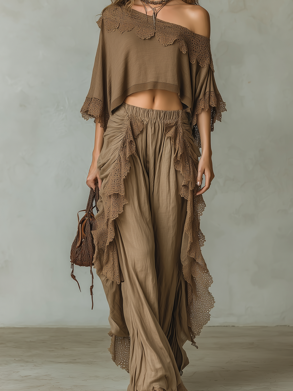 Chic Elegant Brown One-Shoulder Short-Sleeve Loose Top Pleated Wide-Leg Pants Cotton-Linen Blend Lace Detail Two-Piece Set