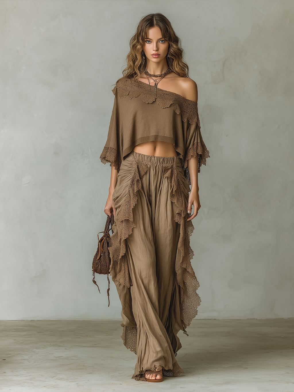 Chic Elegant Brown One-Shoulder Short-Sleeve Loose Top Pleated Wide-Leg Pants Cotton-Linen Blend Lace Detail Two-Piece Set