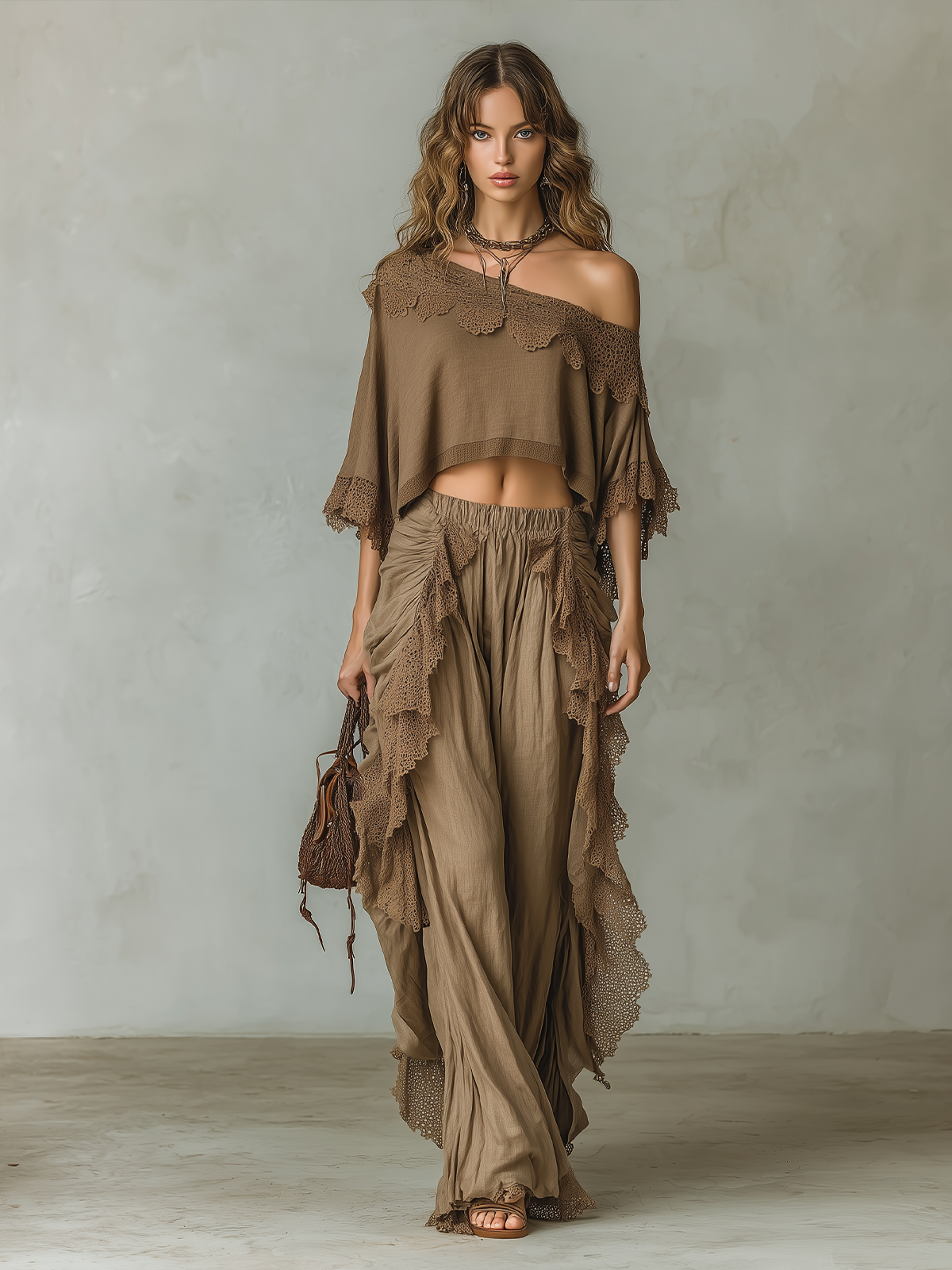 Chic Elegant Brown One-Shoulder Short-Sleeve Loose Top Pleated Wide-Leg Pants Cotton-Linen Blend Lace Detail Two-Piece Set