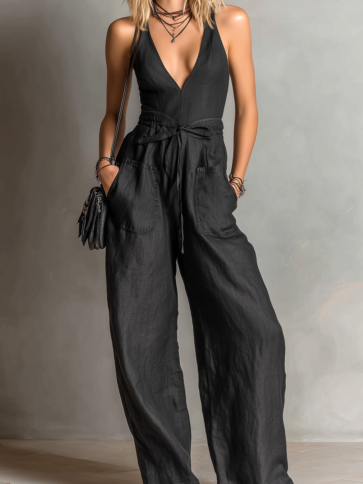 Chic Elegant Black Cotton-Linen Blend V-Neck Sleeveless Tie-Waist Patch Pockets Wide-Leg Jumpsuit