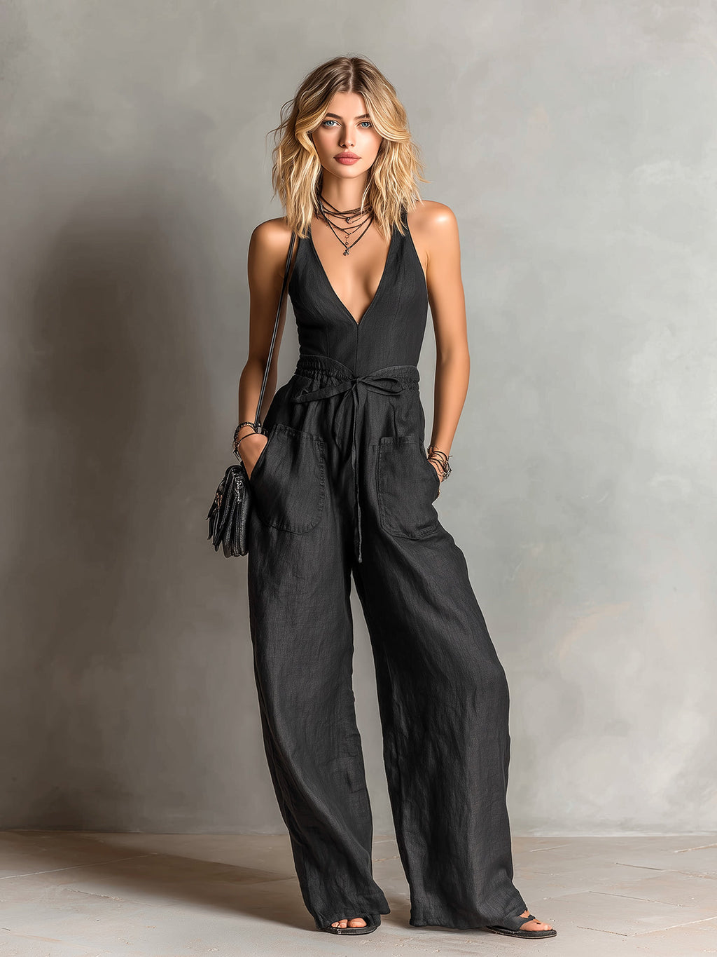 Chic Elegant Black Cotton-Linen Blend V-Neck Sleeveless Tie-Waist Patch Pockets Wide-Leg Jumpsuit