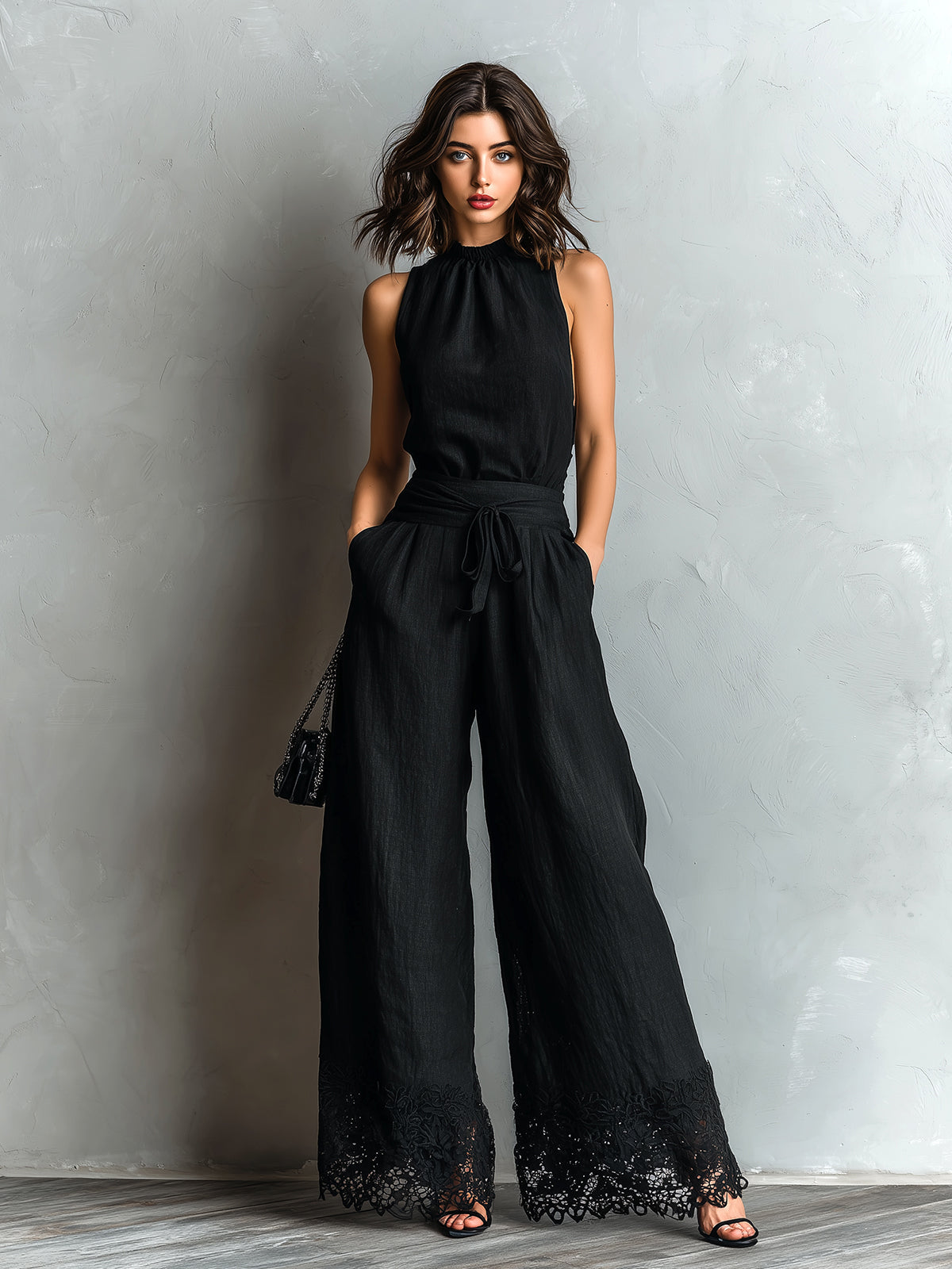 Chic Elegant Black Cotton-Linen Blend Round-Neck Sleeveless Vest  Tie-Waist Lace Detail Wide-Leg Pants Two-Piece Set