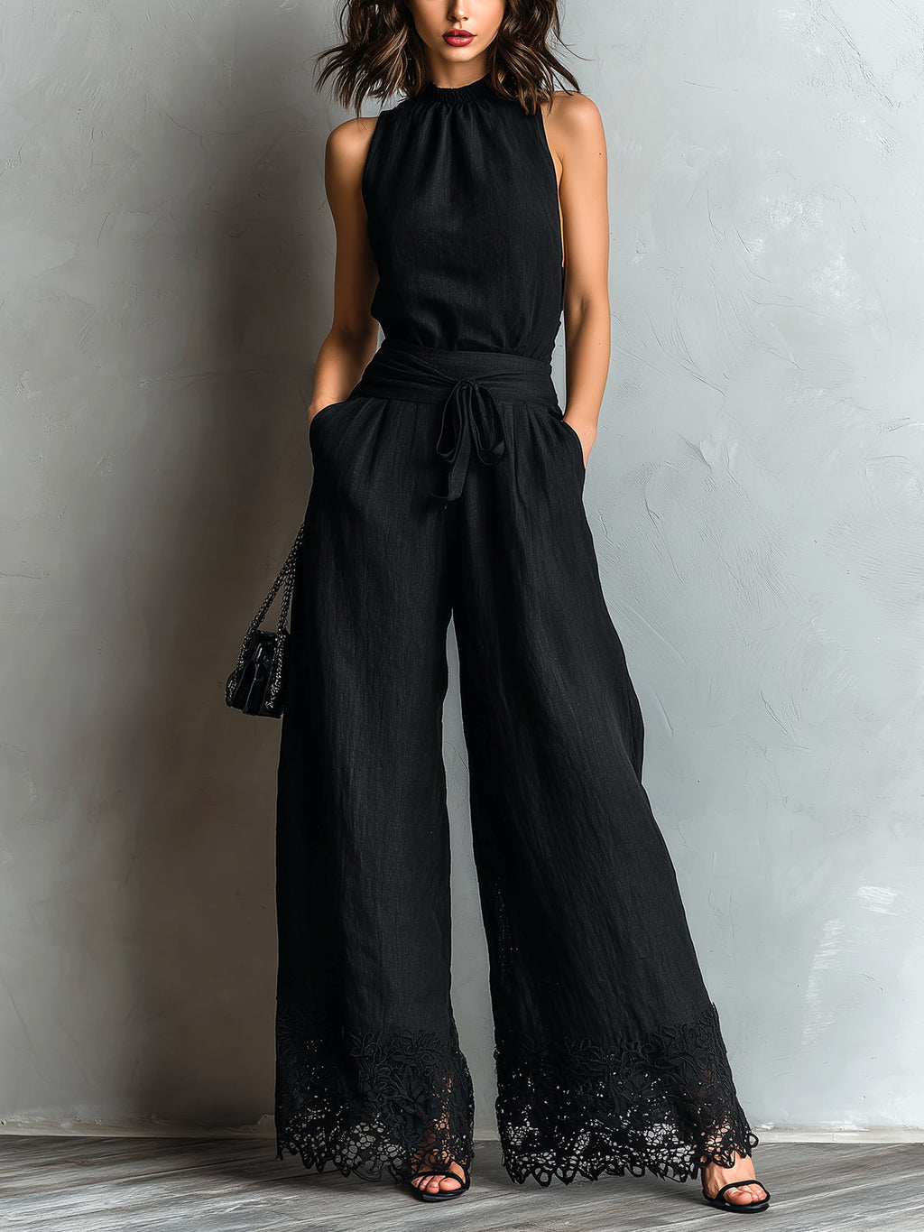 Chic Elegant Black Cotton-Linen Blend Round-Neck Sleeveless Vest  Tie-Waist Lace Detail Wide-Leg Pants Two-Piece Set