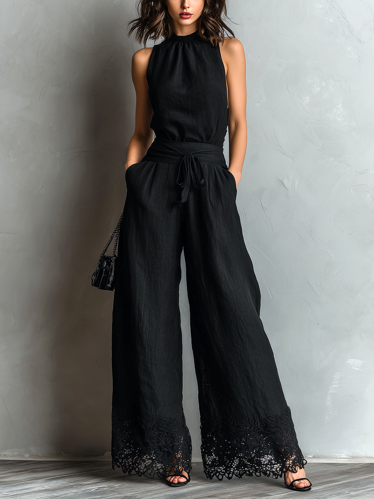 Chic Elegant Black Cotton-Linen Blend Round-Neck Sleeveless Vest  Tie-Waist Lace Detail Wide-Leg Pants Two-Piece Set