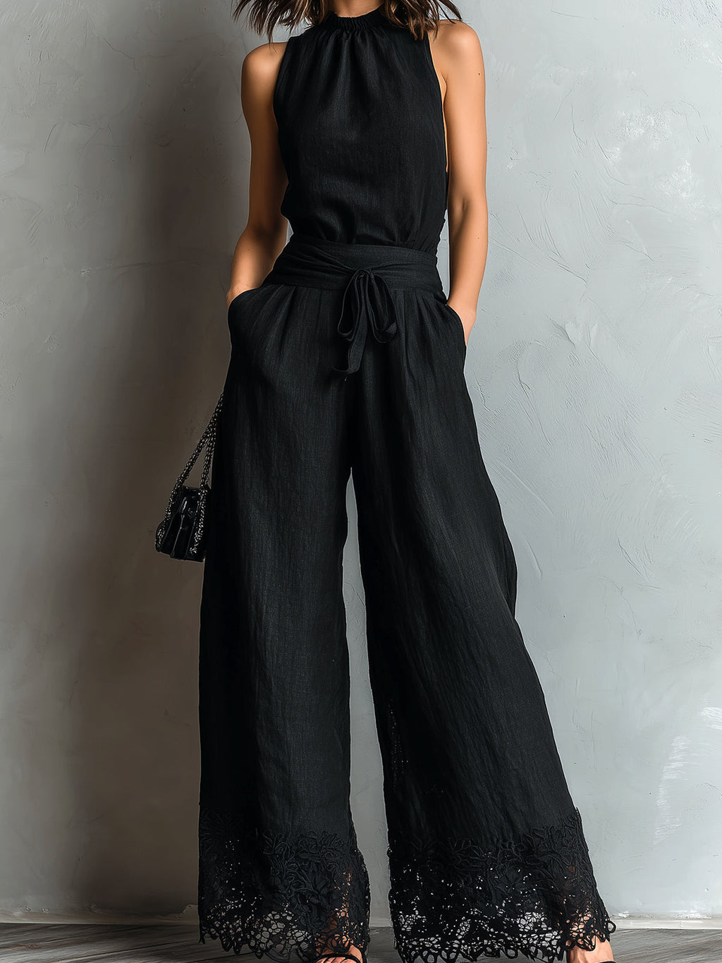 Chic Elegant Black Cotton-Linen Blend Round-Neck Sleeveless Vest  Tie-Waist Lace Detail Wide-Leg Pants Two-Piece Set