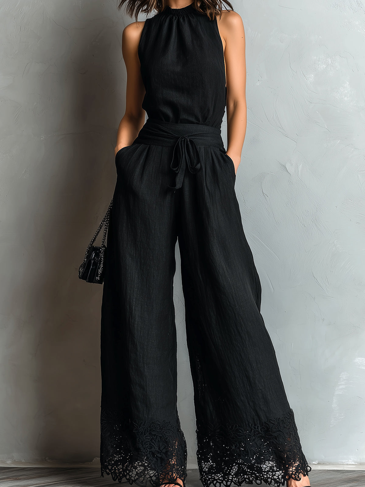 Chic Elegant Black Cotton-Linen Blend Round-Neck Sleeveless Vest  Tie-Waist Lace Detail Wide-Leg Pants Two-Piece Set