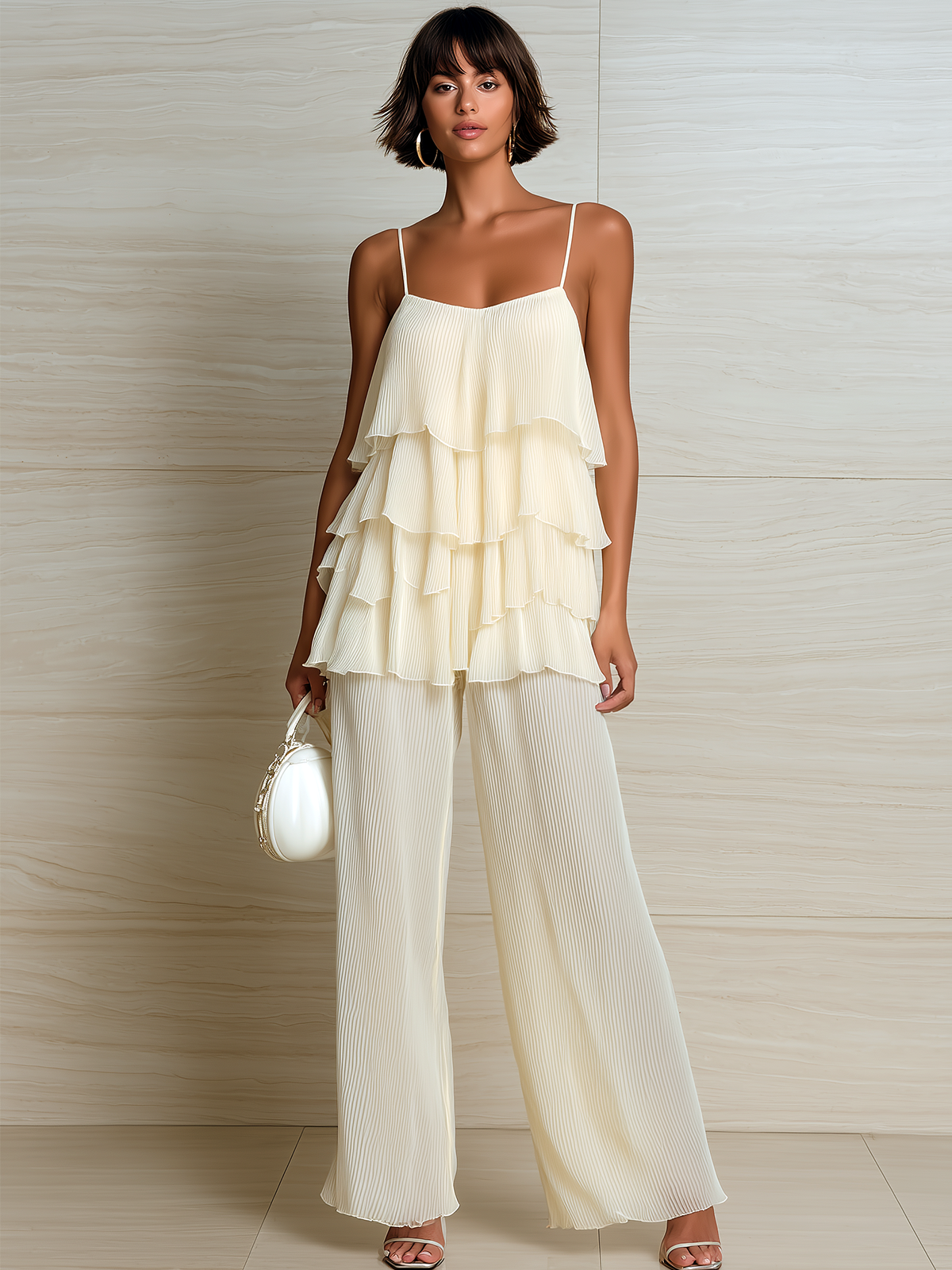 Chic Elegant White Strappy Ruffle Sleeveless Tank Top Loose Pleated Chiffon Wide-Leg Pants Two-Piece Set