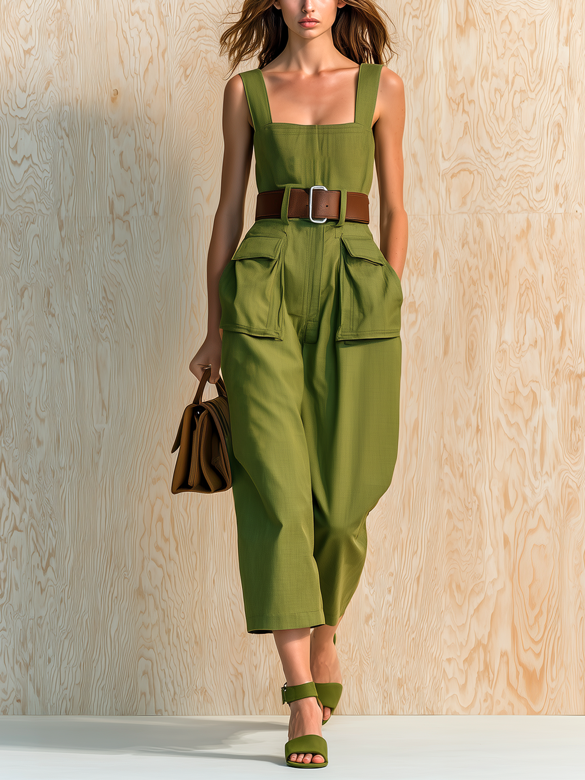 Chic Casual Army Green Square Neck Strappy Sleeveless Waist Belt Cargo Patch Pockets Cropped Cotton Twill Jumpsuit
