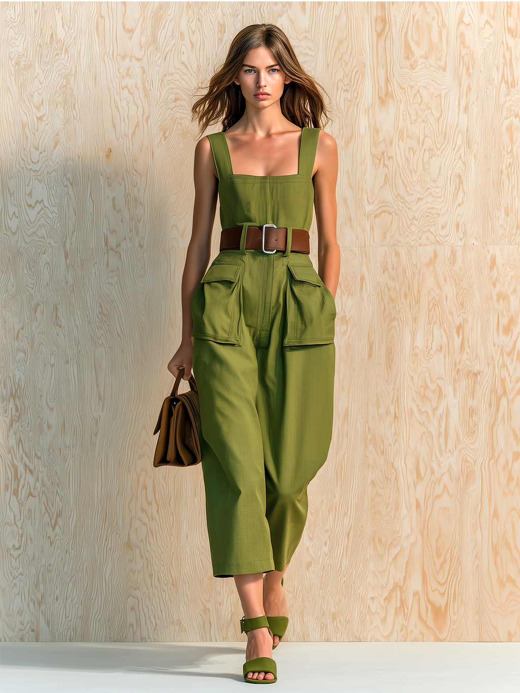 Chic Casual Army Green Square Neck Strappy Sleeveless Waist Belt Cargo Patch Pockets Cropped Cotton Twill Jumpsuit