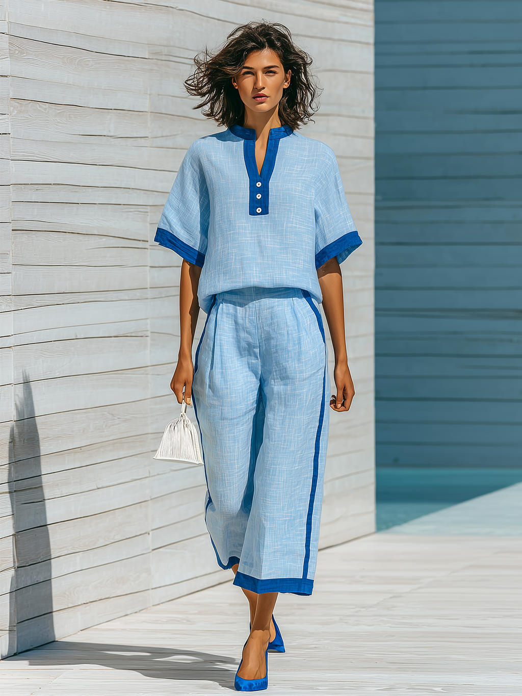 Chic Casual Blue Colorblock Stand Collar Button-Front Short-Sleeve Loose-Fit Tops Cropped Wide-Leg Pants Cotton-Linen Two-Piece Set