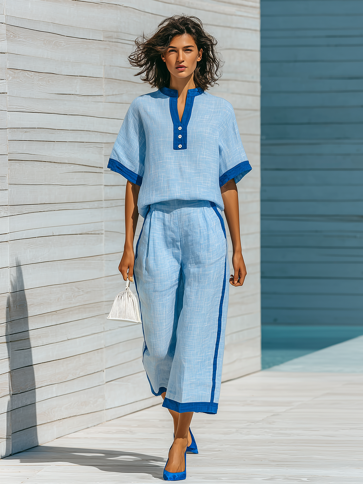 Chic Casual Blue Colorblock Stand Collar Button-Front Short-Sleeve Loose-Fit Tops Cropped Wide-Leg Pants Cotton-Linen Two-Piece Set
