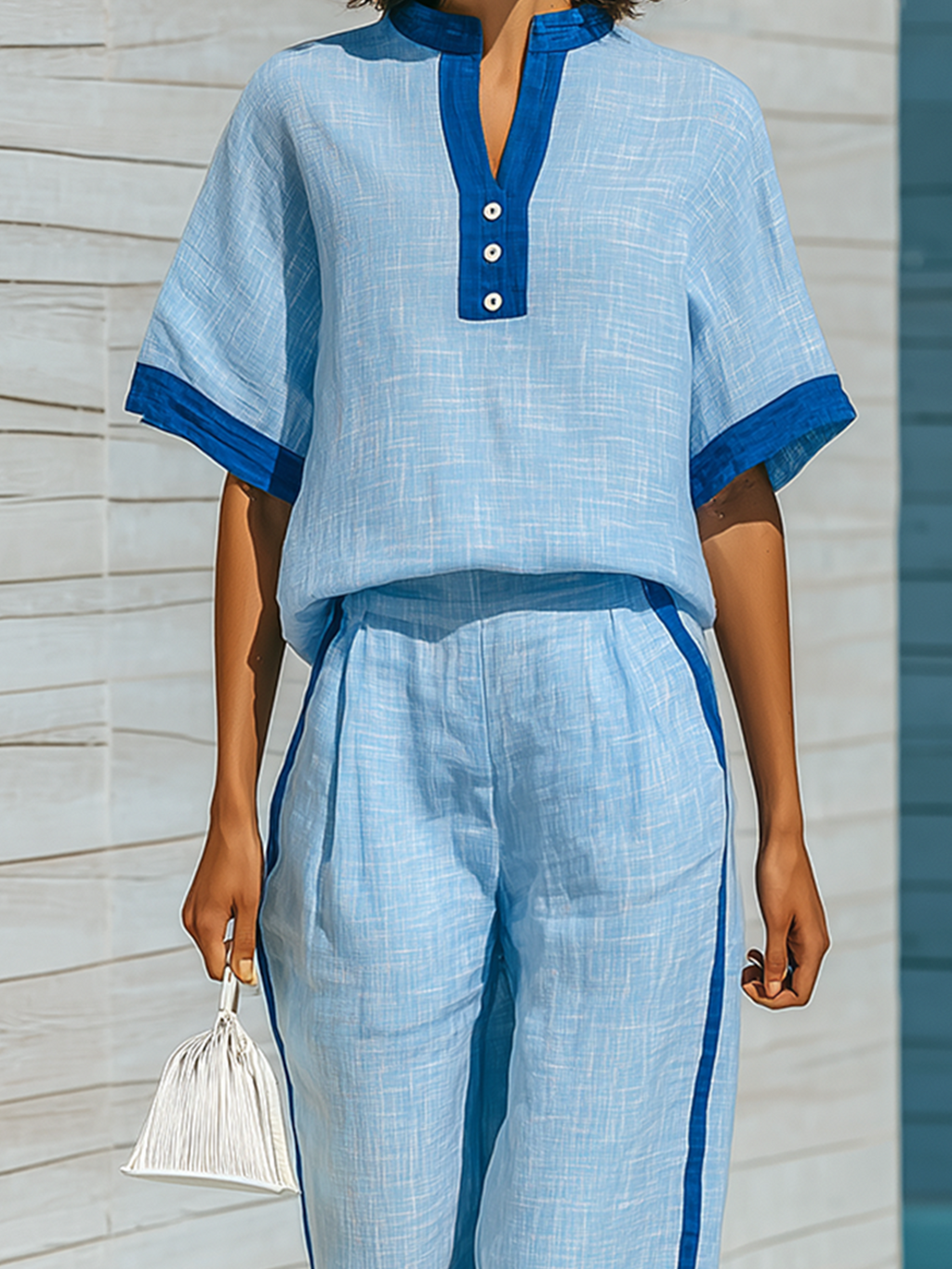 Chic Casual Blue Colorblock Stand Collar Button-Front Short-Sleeve Loose-Fit Tops Cropped Wide-Leg Pants Cotton-Linen Two-Piece Set
