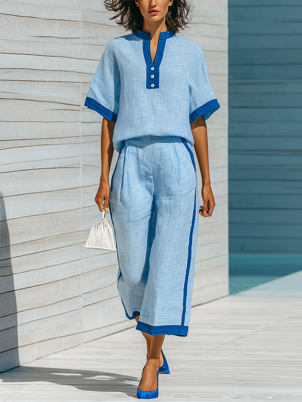 Chic Casual Blue Colorblock Stand Collar Button-Front Short-Sleeve Loose-Fit Tops Cropped Wide-Leg Pants Cotton-Linen Two-Piece Set