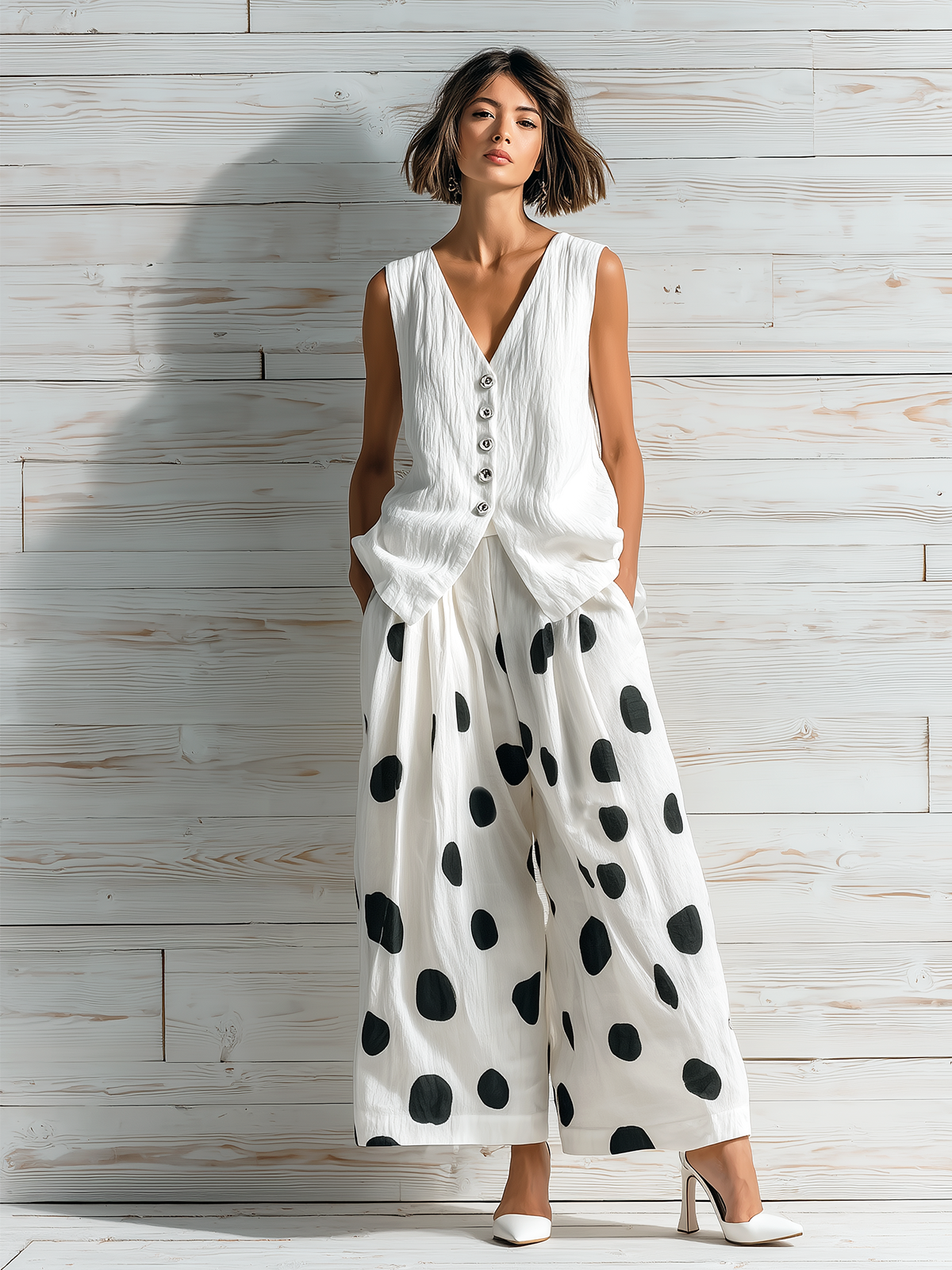 Chic Casual White V-Neck Single-Breasted Sleeveless Loose Vest Top Black-White Polka Dot Print Wide-Leg Chiffon Two-Piece Set