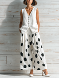 Chic Casual White V-Neck Single-Breasted Sleeveless Loose Vest Top Black-White Polka Dot Print Wide-Leg Chiffon Two-Piece Set
