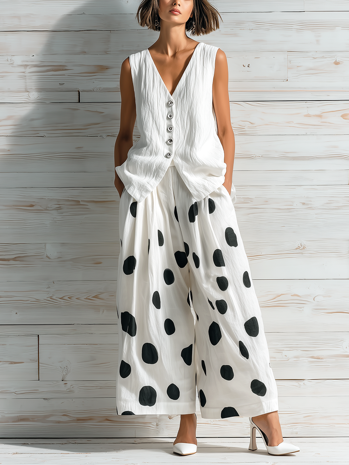 Chic Casual White V-Neck Single-Breasted Sleeveless Loose Vest Top Black-White Polka Dot Print Wide-Leg Chiffon Two-Piece Set