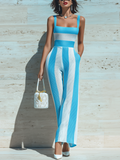 Chic Elegant Blue-White Stripes Square-Neck Sleeveless  Slim-Fit Wide-Leg Knit Jumpsuit