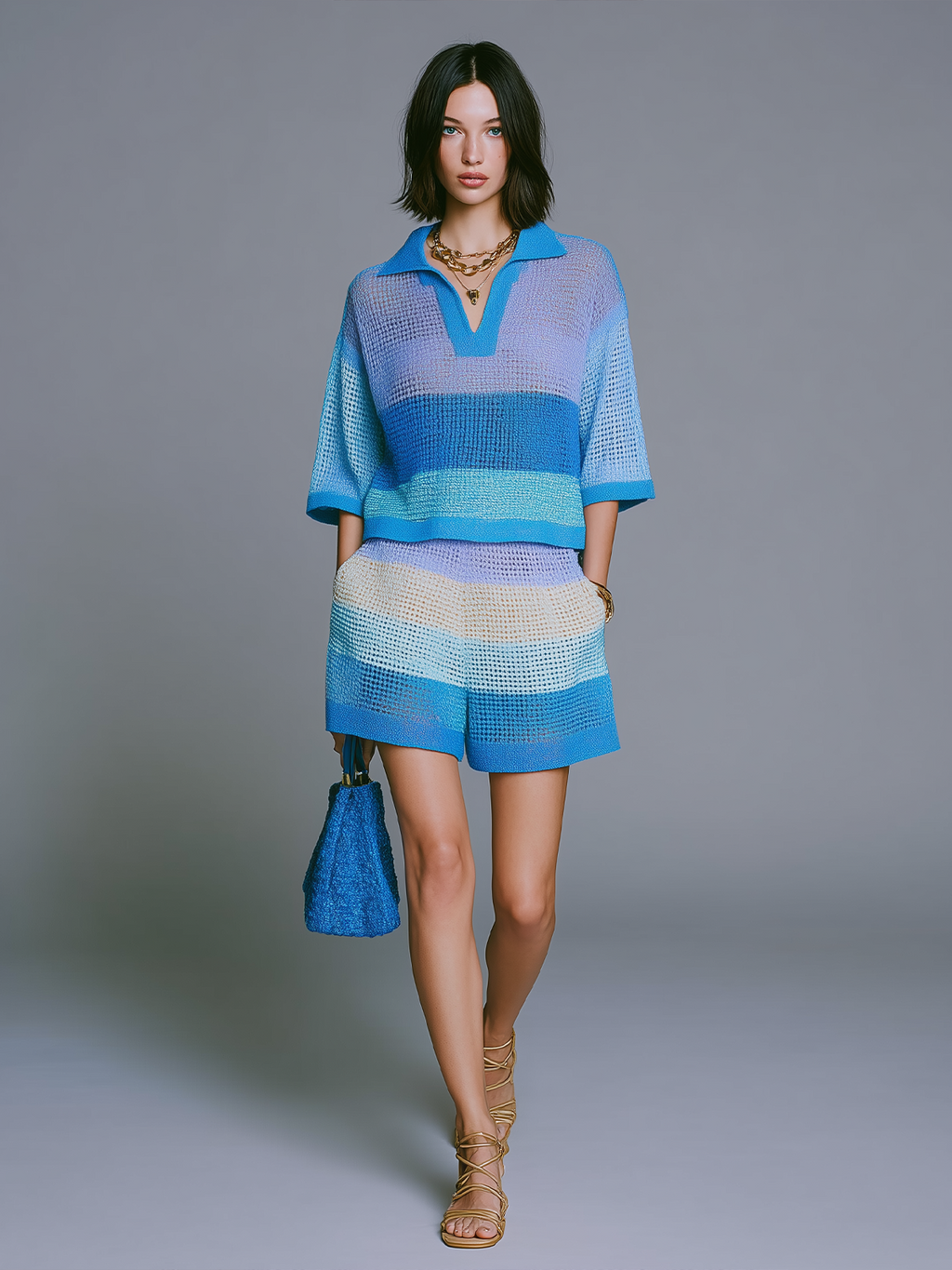 Chic Elegant Blue-Purple Striped Lapel-Collar V-Neck Short-Sleeve Loose Sweater Top Shorts Knit Two-Piece Set