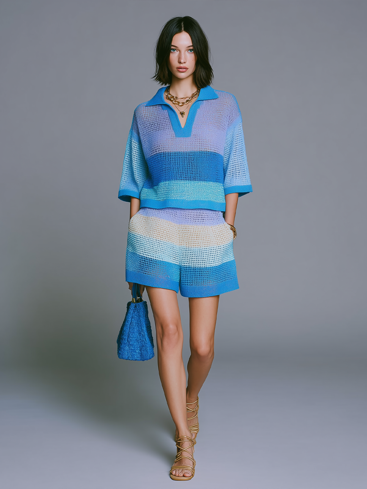 Chic Elegant Blue-Purple Striped Lapel-Collar V-Neck Short-Sleeve Loose Sweater Top Shorts Knit Two-Piece Set