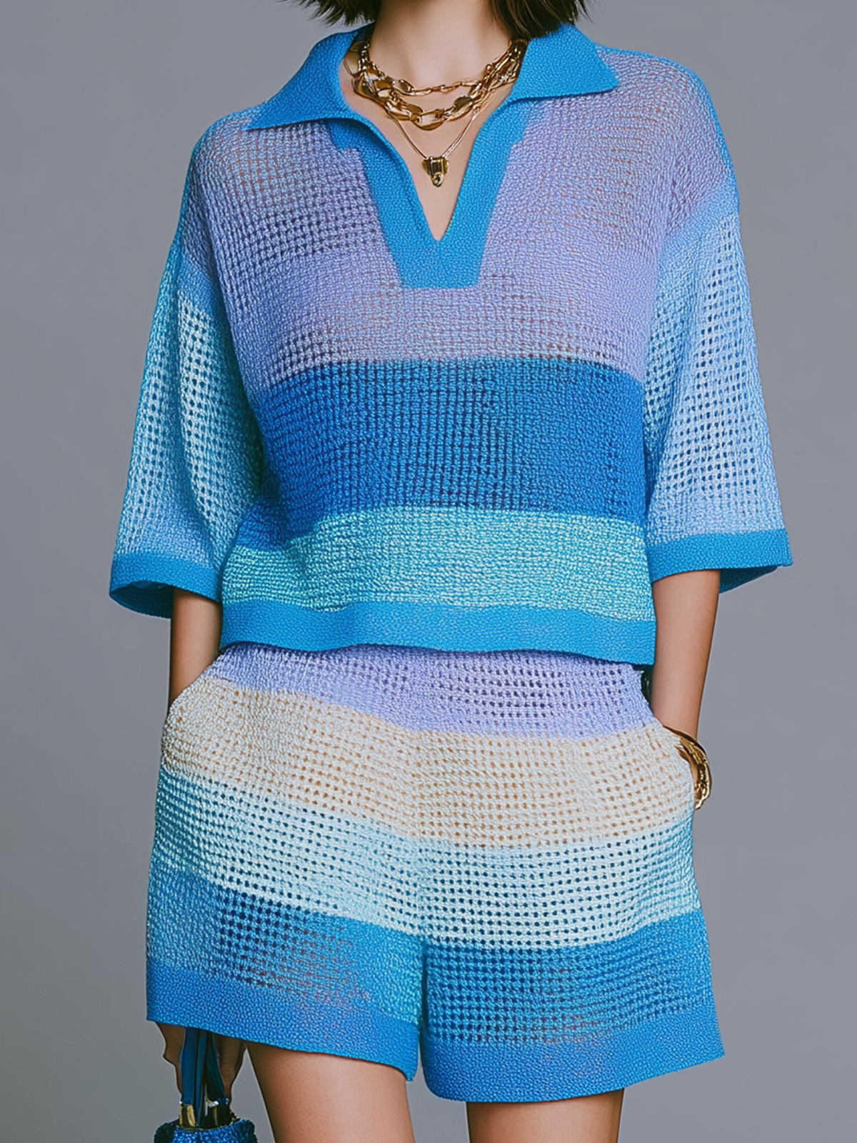 Chic Elegant Blue-Purple Striped Lapel-Collar V-Neck Short-Sleeve Loose Sweater Top Shorts Knit Two-Piece Set