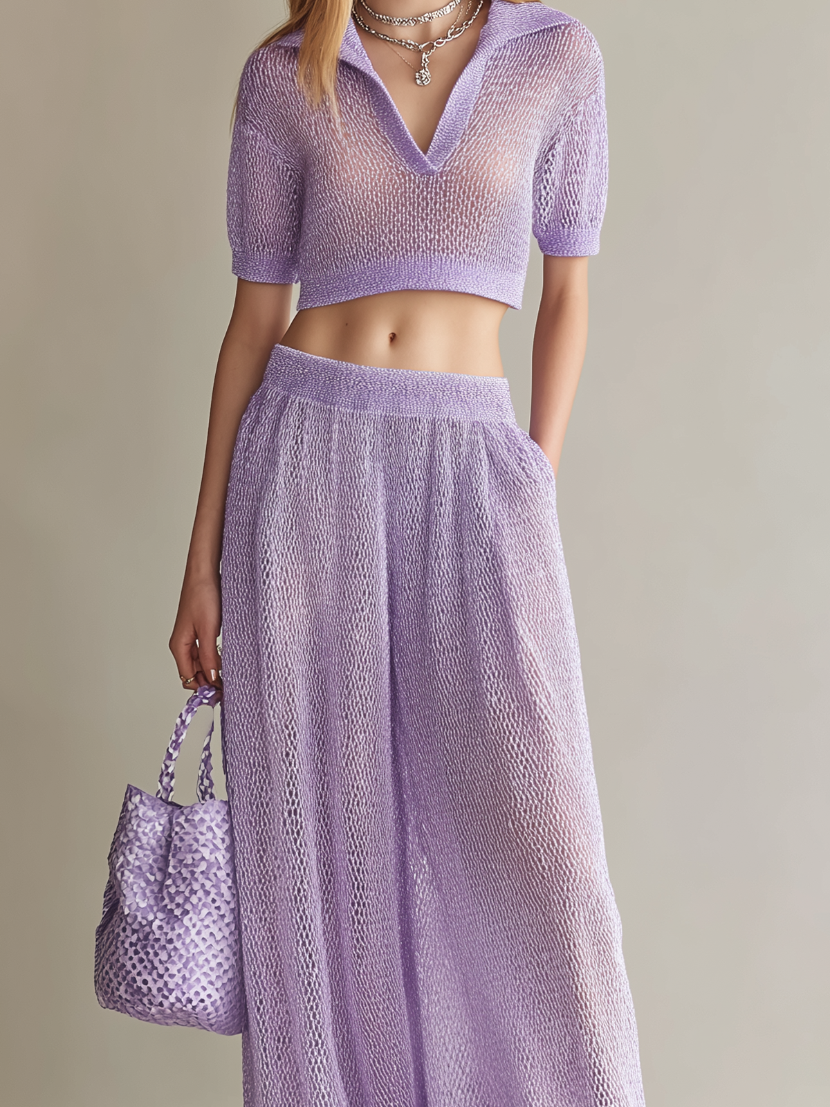 Stylish Elegant Light Purple Lapel-Collar V-Neck Short-Sleeve Wide-Leg Pants Loose Mesh-Knit Two-Piece Set
