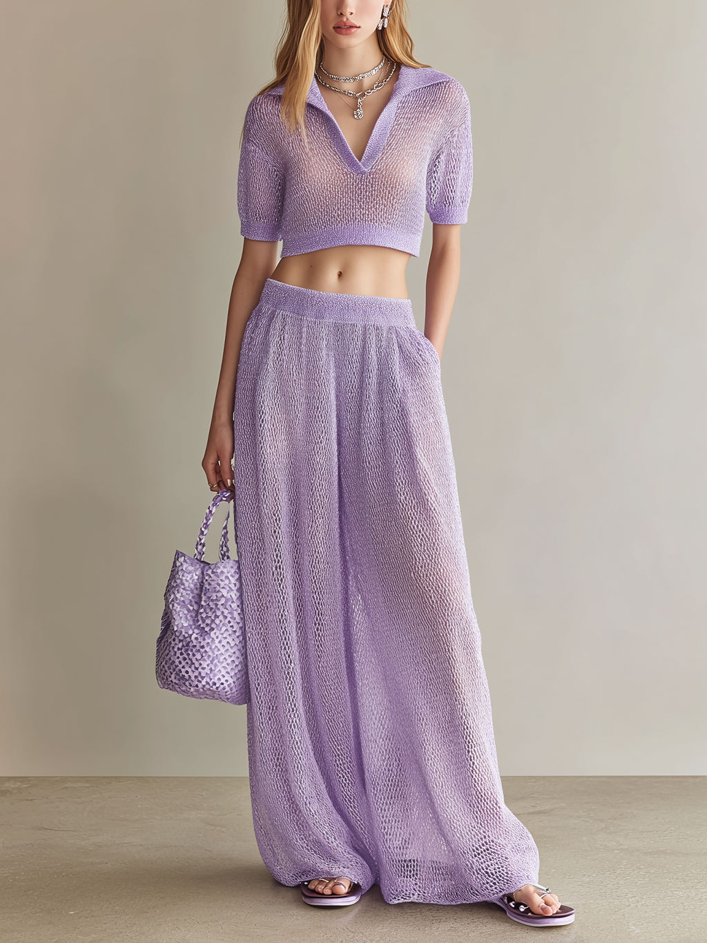 Stylish Elegant Light Purple Lapel-Collar V-Neck Short-Sleeve Wide-Leg Pants Loose Mesh-Knit Two-Piece Set
