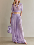 Stylish Elegant Light Purple Lapel-Collar V-Neck Short-Sleeve Wide-Leg Pants Loose Mesh-Knit Two-Piece Set