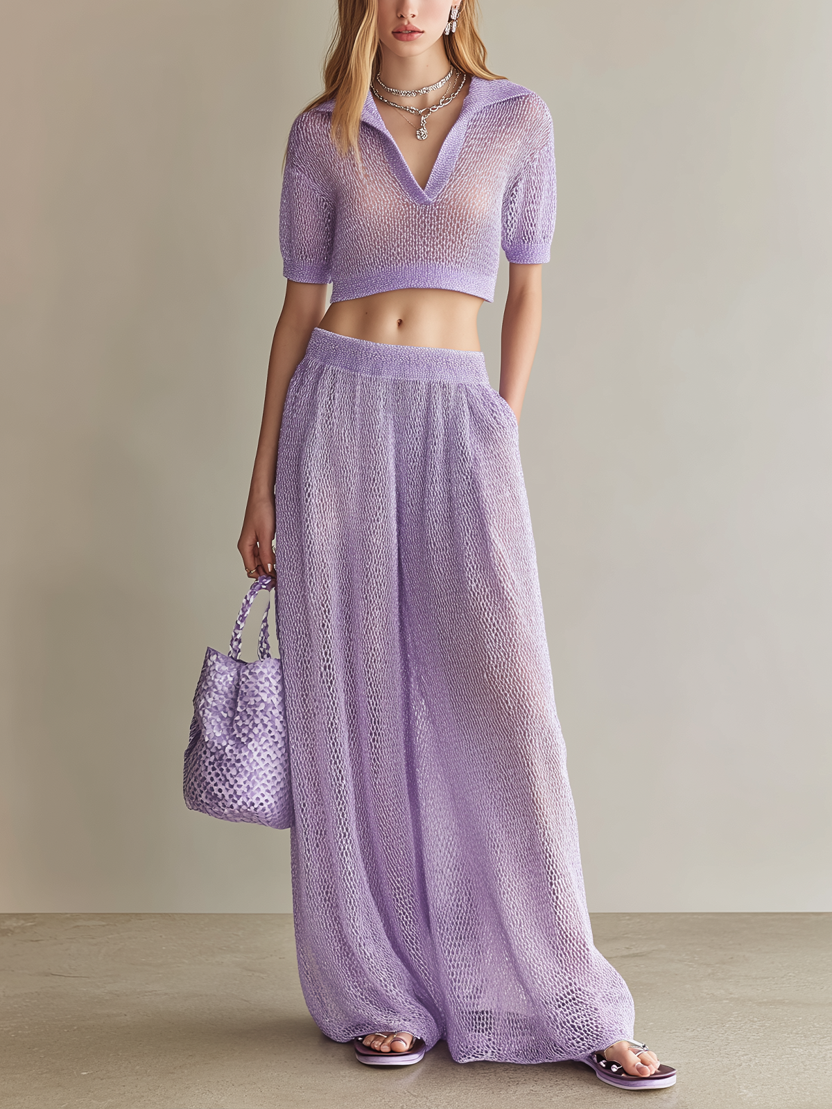 Stylish Elegant Light Purple Lapel-Collar V-Neck Short-Sleeve Wide-Leg Pants Loose Mesh-Knit Two-Piece Set