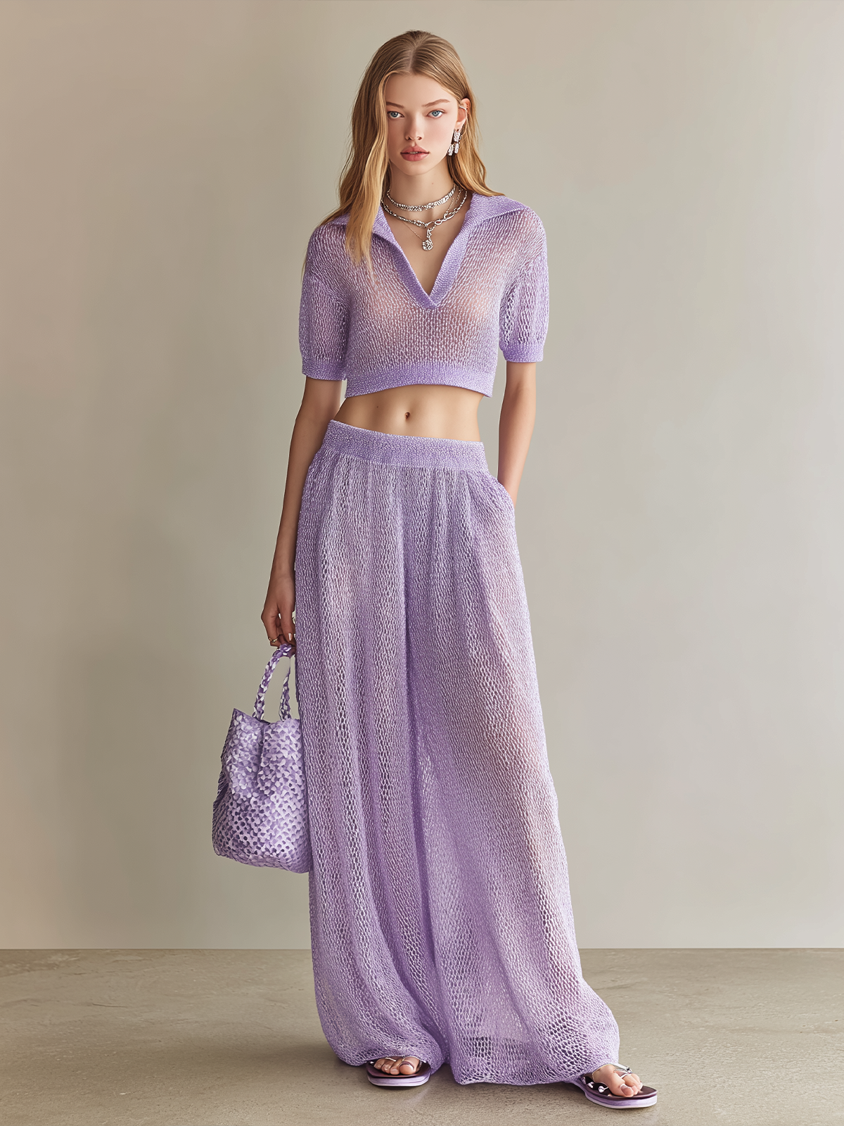Stylish Elegant Light Purple Lapel-Collar V-Neck Short-Sleeve Wide-Leg Pants Loose Mesh-Knit Two-Piece Set