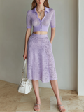 Stylish Elegant Light Purple Lapel-Collar Single-Breasted Short-Sleeve A-Line Midi Skirt Mesh-Knit Two-Piece Set