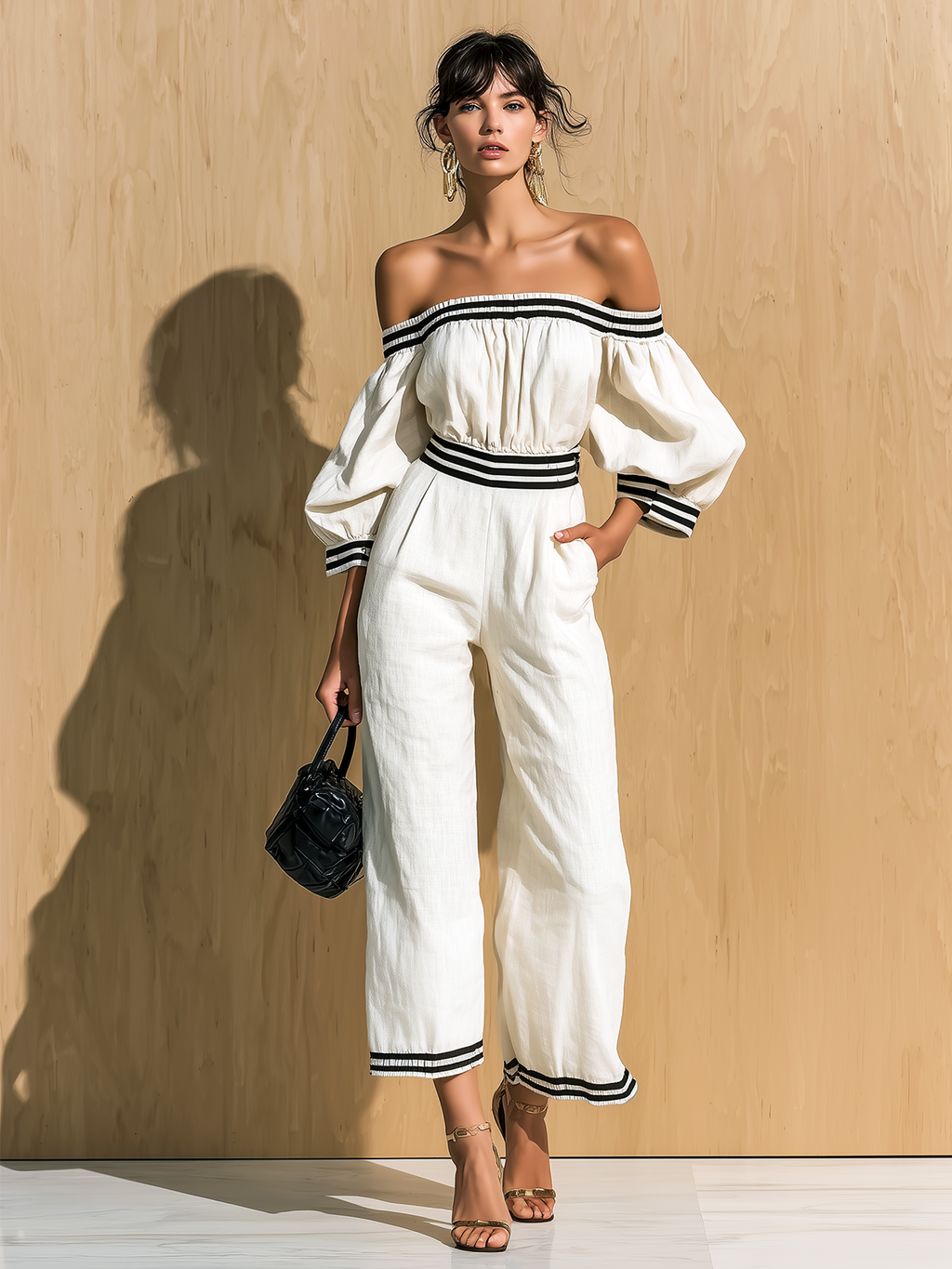Chic Casual White Colorblock Off-The-Shoulder Lantern Sleeves Loose Straight-Leg Cropped Cotton Jumpsuit