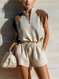 Chic Elegant Beige Colorblock Stand Collar Zipper-Front Raglan Sleeve Loose Sweater Top Elastic Waist Shorts Knit Two-Piece Set