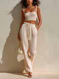 Chic Elegant Beige Thin Straps Cropped Camisole Drawstring-Waist Wide-Leg Pants Knit Two-Piece Set